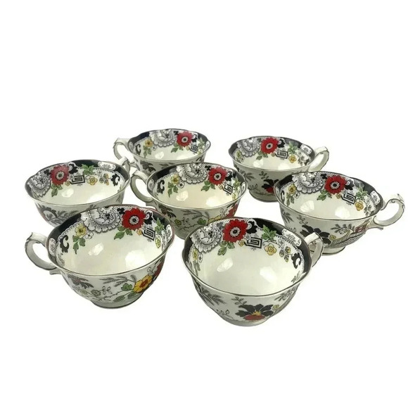 VTG Set of 7 Swansea Tea Cups Floral Pattern Bone China Canton Gold Trim - Picture 1 of 14